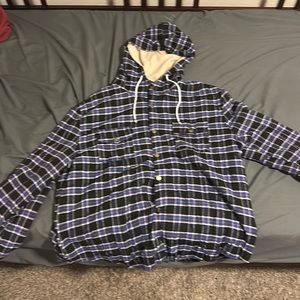 White, black, blue, red plaid button up jacket